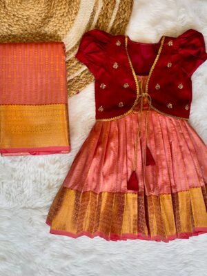 Metallic Gold Semi Kanchipattu Frock with Raw Silk Designer Jacket & Matching Saree (Pre Booking)