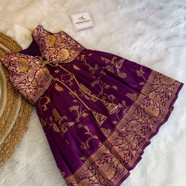 LUXURY PURPLE - Floral Weaving Semi Banarasi Frock with Sleeveless Jacket (Pre Booking)