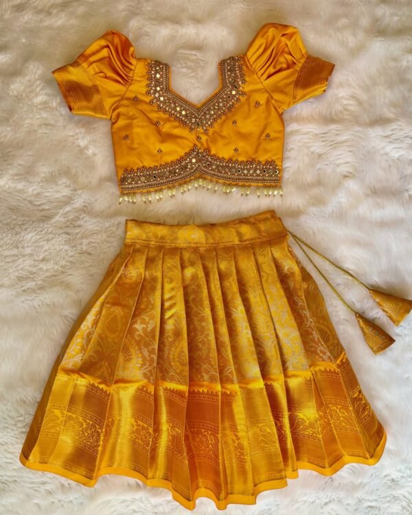 MARIGOLD MANJAL - Premium Semi Kanchipattu Grand Aariwork Lehenga Set (Pre Booking)