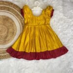 Yellow and maroon Silk frock  with puff sleeves (Ready to Dispatch)