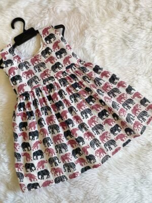 White Elephant Print Cotton Sleeveless Frock (Pre-Booking)