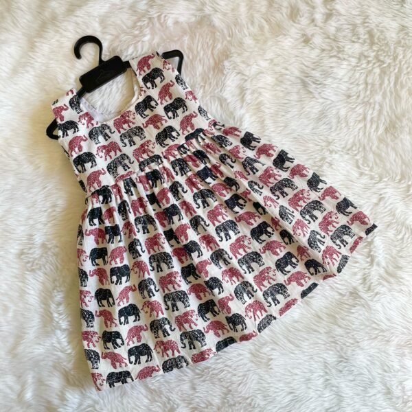 White Elephant Print Cotton Sleeveless Frock (Pre-Booking)