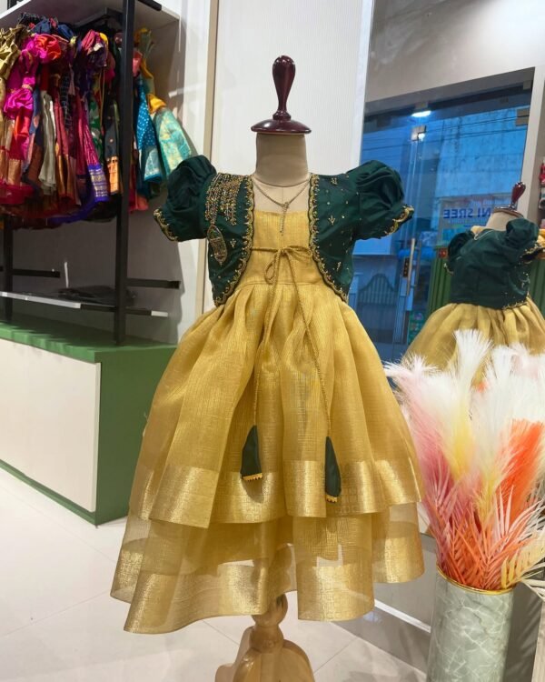 Banarasi Tissue Gold Double Layered Frock with Dark Green Aariwork Coat (Pre Booking)