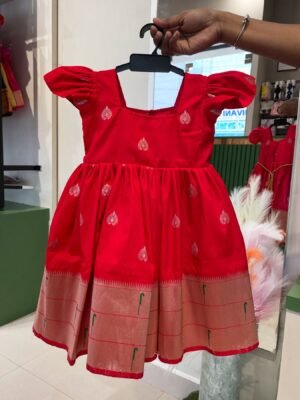 Red Color Paithani Semi Soft Silk Frock (Pre Booking)