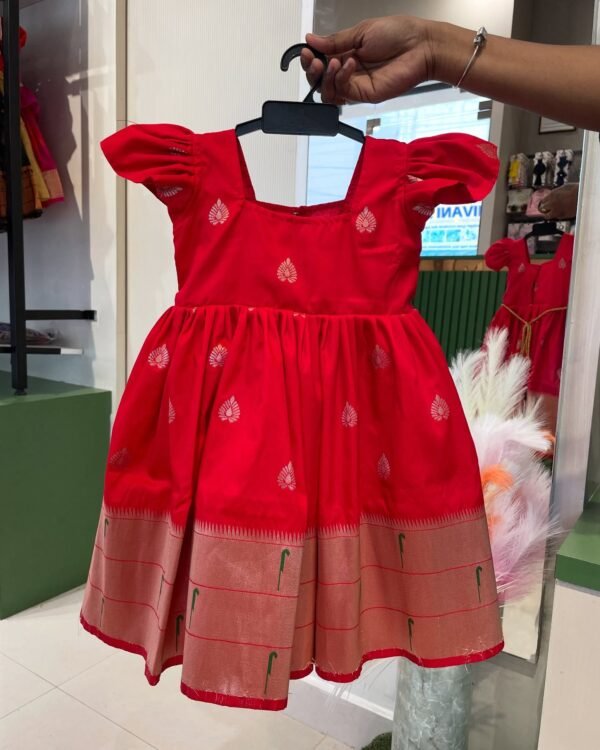 Red Color Paithani Semi Soft Silk Frock (Pre Booking)
