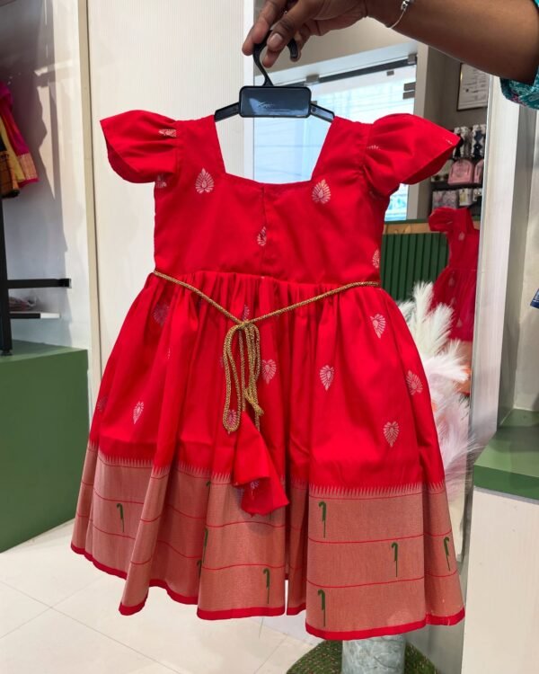 Red Color Paithani Semi Soft Silk Frock (Pre Booking)