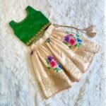 Off-White Flower Hand Painted Banarasi Skirt and Green Raw Silk Top (Pre Booking)