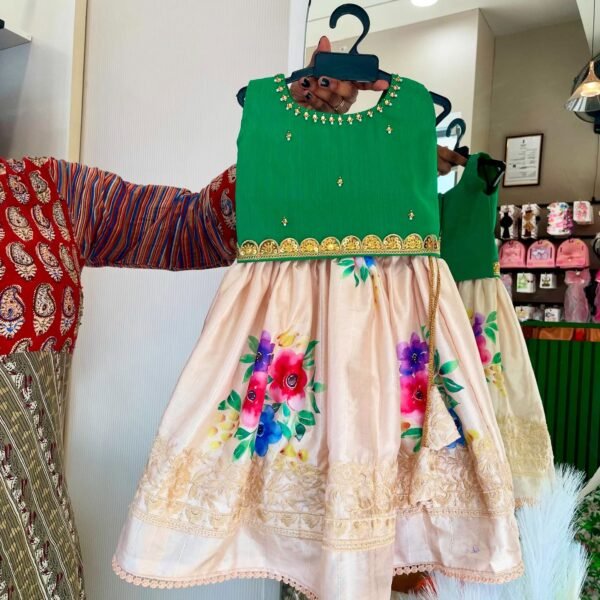 Off-White Flower Hand Painted Banarasi Skirt and Green Raw Silk Top (Pre Booking)