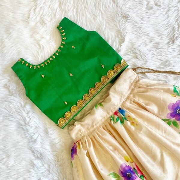 Off-White Flower Hand Painted Banarasi Skirt and Green Raw Silk Top (Pre Booking)