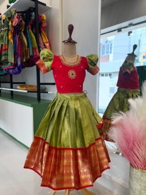 Olive Green & Red Grand Aariwork Premium Semi Kanchipattu Paavadai and Sattai (Pre Booking)
