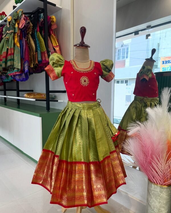 Olive Green & Red Grand Aariwork Premium Semi Kanchipattu  Paavadai and Sattai (Pre Booking)