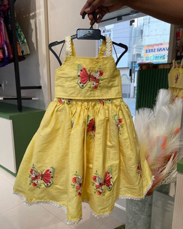 Yellow Shade Butterfly embroidery cotton mini skirt and strap top (Summer Edits) - Pre Booking