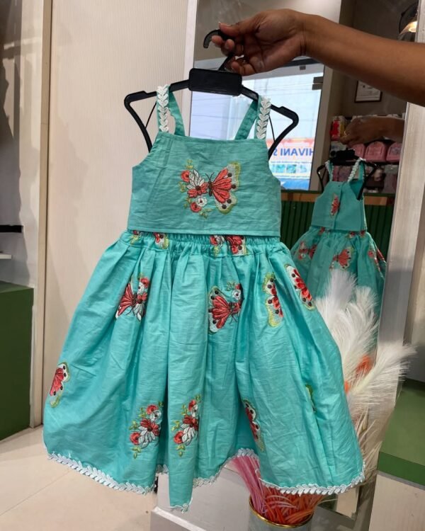 Pastel Green Shade Butterfly embroidery cotton mini skirt and strap top (Summer Edits) - Pre Booking