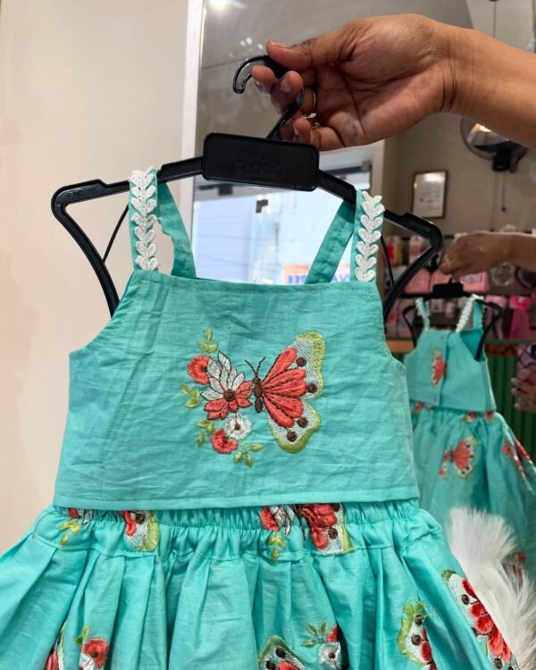 Pastel Green Shade Butterfly embroidery cotton mini skirt and strap top (Summer Edits) - Pre Booking
