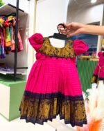 Magenta Pink with Dark Blue Madurai Sungudi Handloom Cotton Frock Puff Sleeves (Ready to Dispatch)