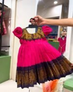 Magenta Pink with Dark Blue Madurai Sungudi Handloom Cotton Frock Puff Sleeves (Ready to Dispatch)