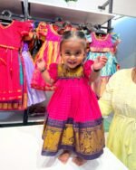 Magenta Pink with Dark Blue Madurai Sungudi Handloom Cotton Frock Puff Sleeves (Ready to Dispatch)