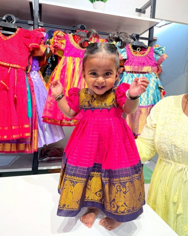 Magenta Pink with Dark Blue Madurai Sungudi Handloom Cotton Frock Puff Sleeves (Ready to Dispatch)