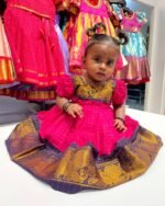 Magenta Pink with Dark Blue Madurai Sungudi Handloom Cotton Frock Puff Sleeves (Ready to Dispatch)