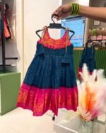 Sungudi Cotton Knot Frock - Peacock Blue with Pink (Ready to Dispatch)