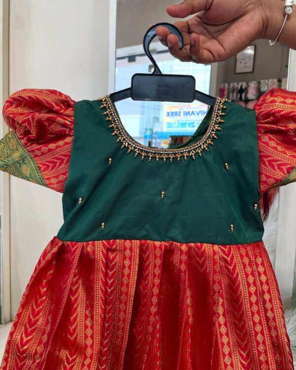 FESTIVE FITS - Premium Semi Kanchipattu Frock in Red and Green (Pre Booking)