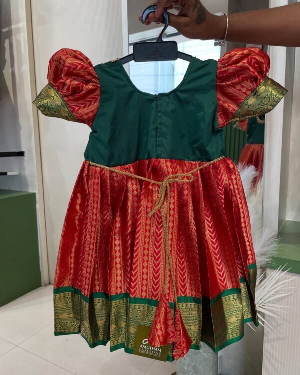 FESTIVE FITS - Premium Semi Kanchipattu Frock in Red and Green (Pre Booking)
