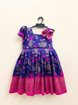 Bluish Voilet & Pink Floral Pattern Banarasi Pattu Gown (Pre-Booking)