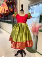 Olive green and Red premium semi Kanchipattu frock (Pre-Booking)