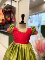 Olive green and Red premium semi Kanchipattu frock (Pre-Booking)