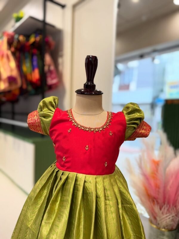 Olive green and Red premium semi Kanchipattu frock (Pre-Booking)