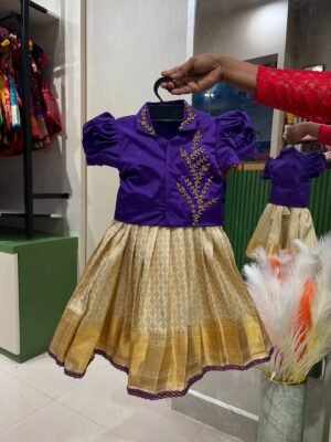 FESTIVE FITS - Off White Kanchipattu Sleeveless Frock & Voilet Collar Neck Top designed with Beautiful Beads Work (Pre Booking)