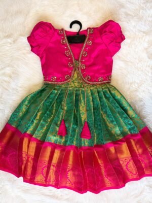 FESTIVE FITS - Premium Semi Kanchipattu Sleeveless Frock & Designer Overcoat in Green and Pink Combo (Pre Booking)