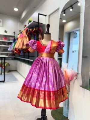 Saree Model Frock in Zari Checked pattern Banarasi Semi Silk - Lavender & Red Combo - (Pre Booking)