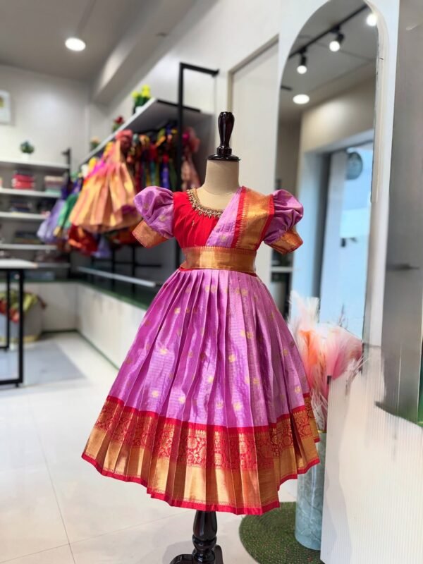 Saree Model Frock in Zari Checked pattern Banarasi Semi Silk - Lavender & Red Combo - (Pre Booking)