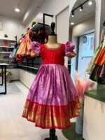 Saree Model Frock in Zari Checked pattern Banarasi Semi Silk - Lavender & Red Combo - (Pre Booking)