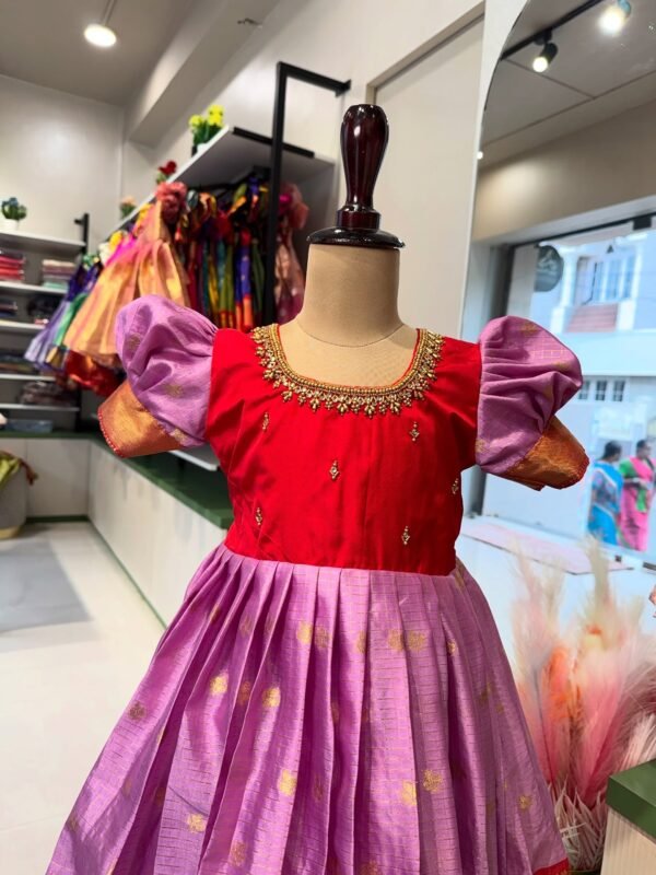 Saree Model Frock in Zari Checked pattern Banarasi Semi Silk - Lavender & Red Combo - (Pre Booking)