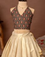 Black Ajrakh Halter Neck Top and Traditional Kathakali Motif Kasavu Skirt - Minmini Onam Collections (Pre booking)