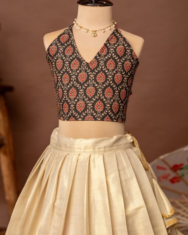 Black Ajrakh Halter Neck Top and Traditional Kathakali Motif Kasavu Skirt - Minmini Onam Collections (Pre booking)