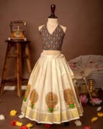 Black Ajrakh Halter Neck Top and Traditional Kathakali Motif Kasavu Skirt - Minmini Onam Collections (Pre booking)