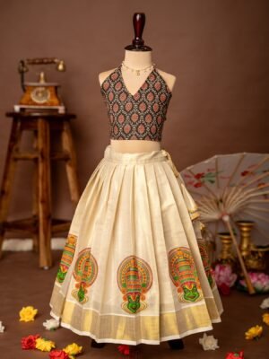 Black Ajrakh Halter Neck Top and Traditional Kathakali Motif Kasavu Skirt - Minmini Onam Collections (Pre booking)