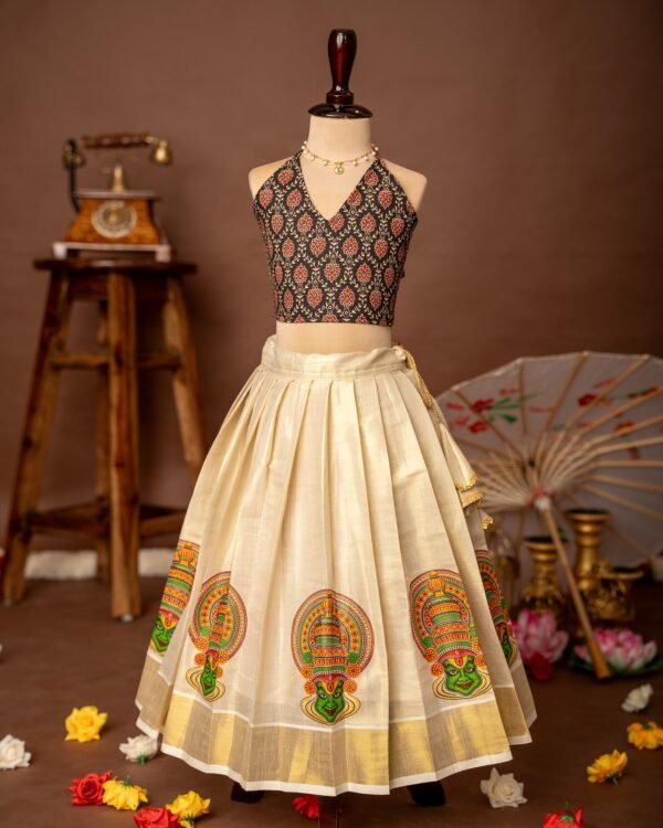 Black Ajrakh Halter Neck Top and Traditional Kathakali Motif Kasavu Skirt - Minmini Onam Collections (Pre booking)