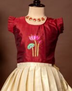 Maroon Lotus Hand-painted Ruffle Sleeve Top and Traditional Lotus Motif Kasavu Skirt - Minmini Onam Collections (Pre booking)