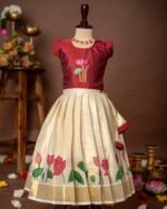 Maroon Lotus Hand-painted Ruffle Sleeve Top and Traditional Lotus Motif Kasavu Skirt - Minmini Onam Collections (Pre booking)
