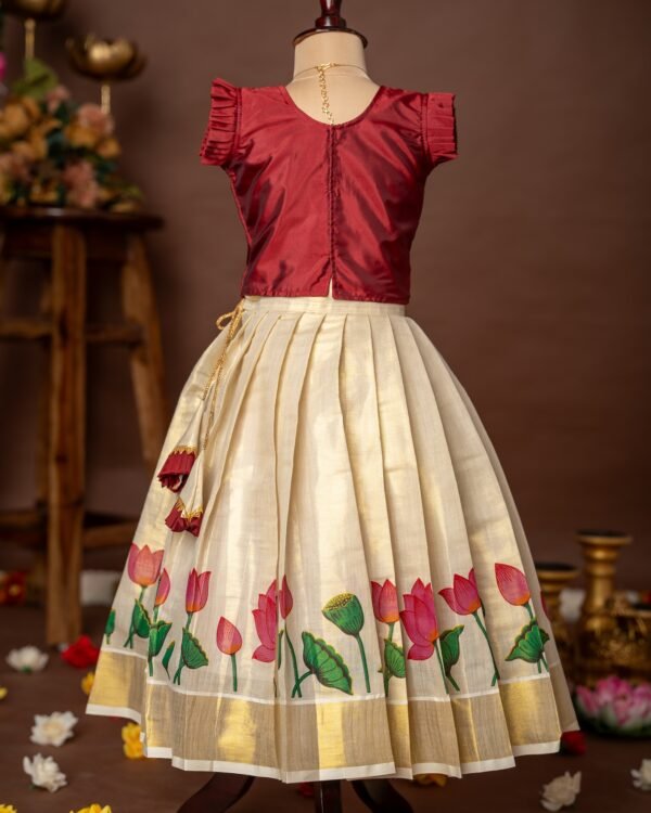 Maroon Lotus Hand-painted Ruffle Sleeve Top and Traditional Lotus Motif Kasavu Skirt - Minmini Onam Collections (Pre booking)