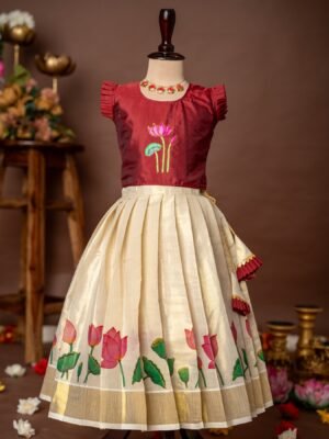 Maroon Lotus Hand-painted Ruffle Sleeve Top and Traditional Lotus Motif Kasavu Skirt - Minmini Onam Collections (Pre booking)