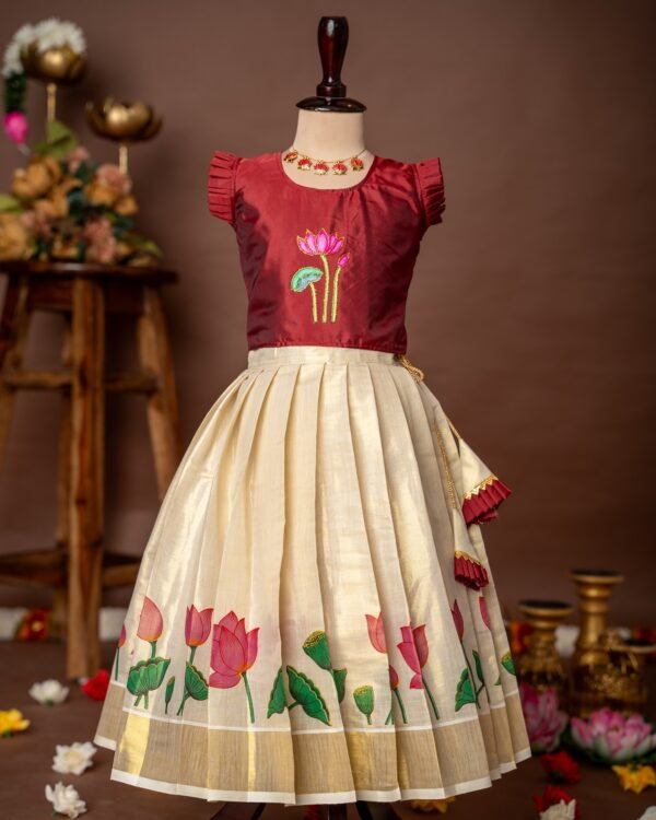 Maroon Lotus Hand-painted Ruffle Sleeve Top and Traditional Lotus Motif Kasavu Skirt - Minmini Onam Collections (Pre booking)