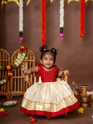 Red and Traditional Kasavu tie-up Frock - Minmini Onam Collections (Pre booking)
