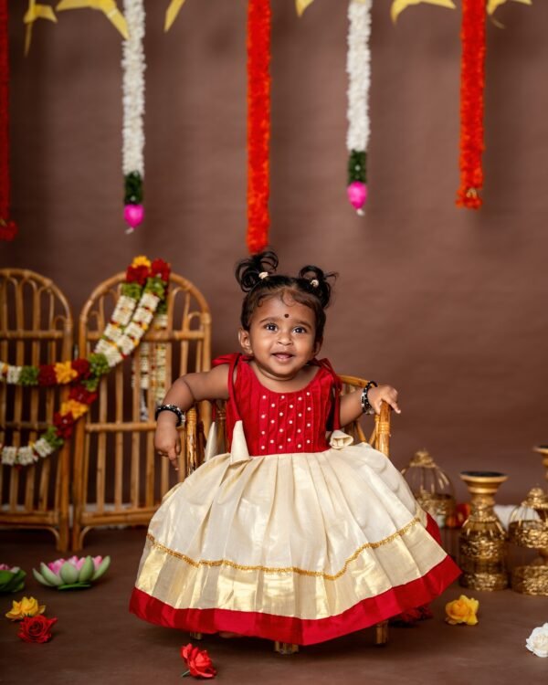 Red and Traditional Kasavu tie-up Frock - Minmini Onam Collections (Pre booking)