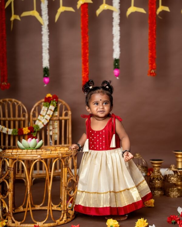 Red and Traditional Kasavu tie-up Frock - Minmini Onam Collections (Pre booking)