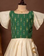 Green Ikkat Cotton Butterfly sleeves Top and Ikkat weaving Kasavu Cotton Skirt - Minmini Onam Collections (Pre booking)